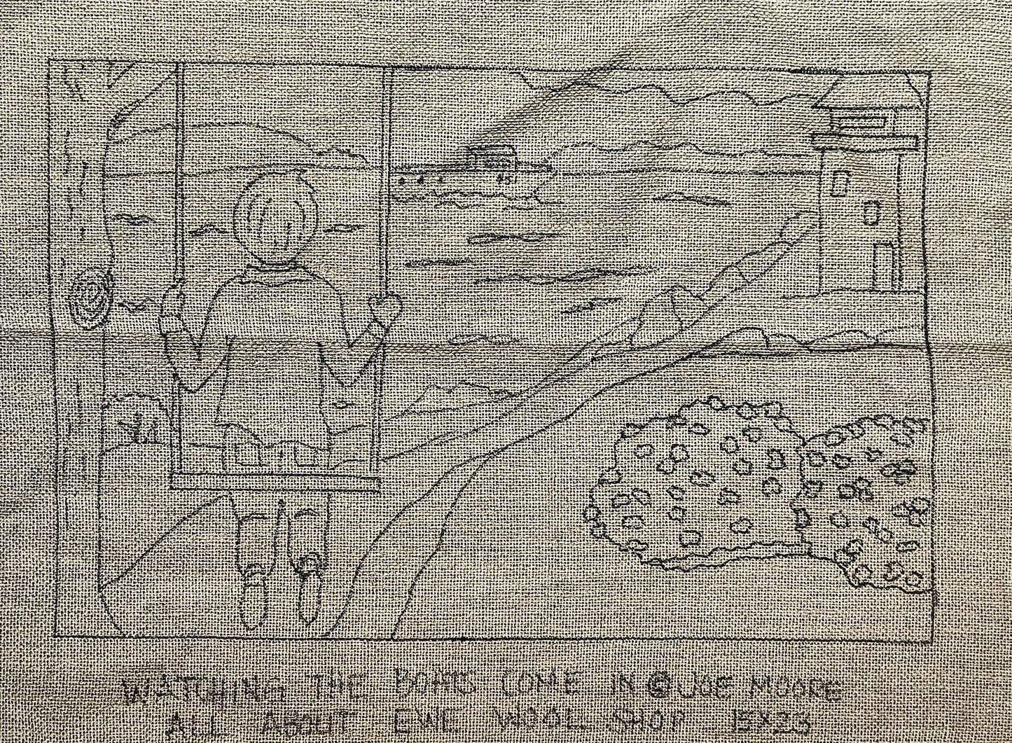 a drawing of a person standing in front of a window
