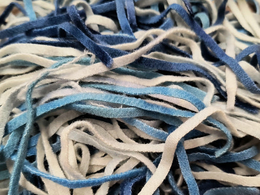 Long Pre-Cut Mixed Light & Medium Blue 2oz Bundle Hand Dyed Wool Strips - All About Ewe Wool Shop