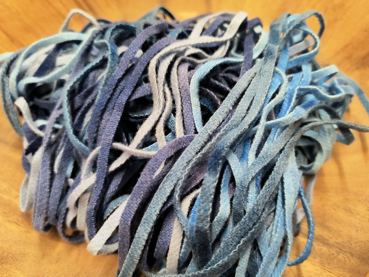 Long Pre-Cut Mixed Blue 2oz Bundle Hand Dyed Wool Strips - All About Ewe Wool Shop