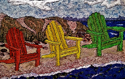 a painting of three chairs on a beach