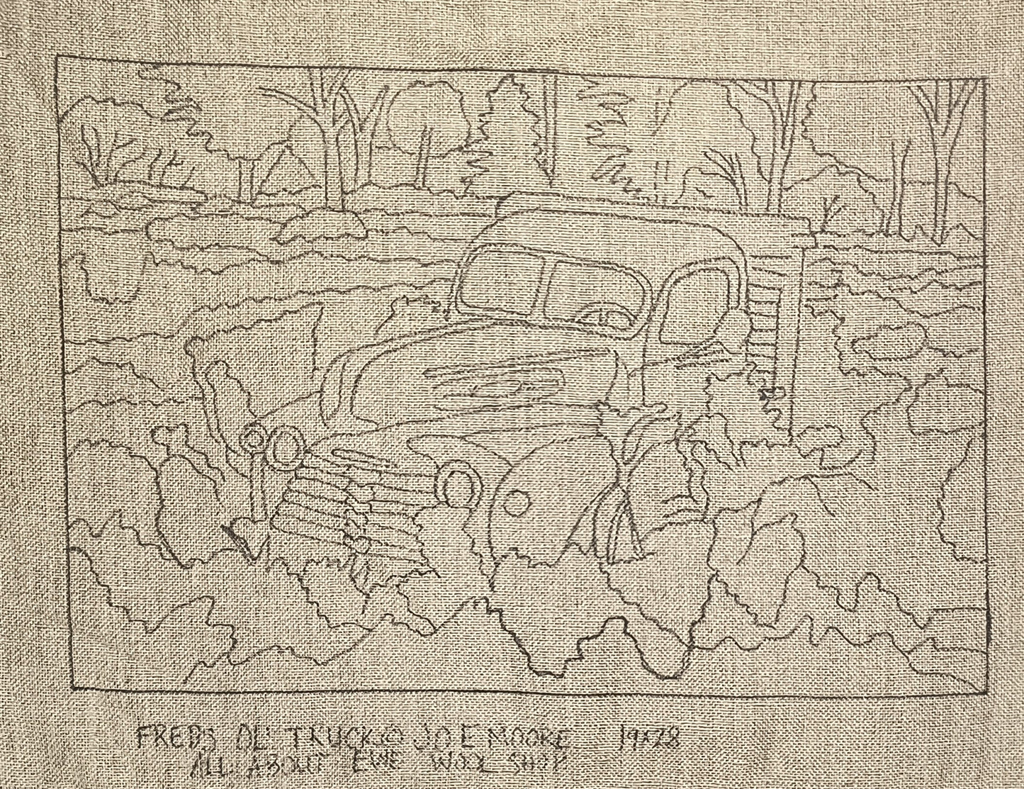 a drawing of an old truck in a field