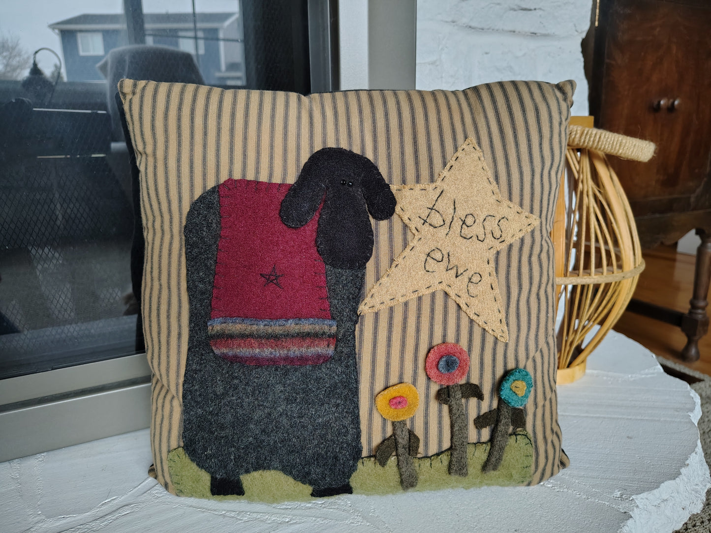 Sheep & Garden Pillow - Completed Piece