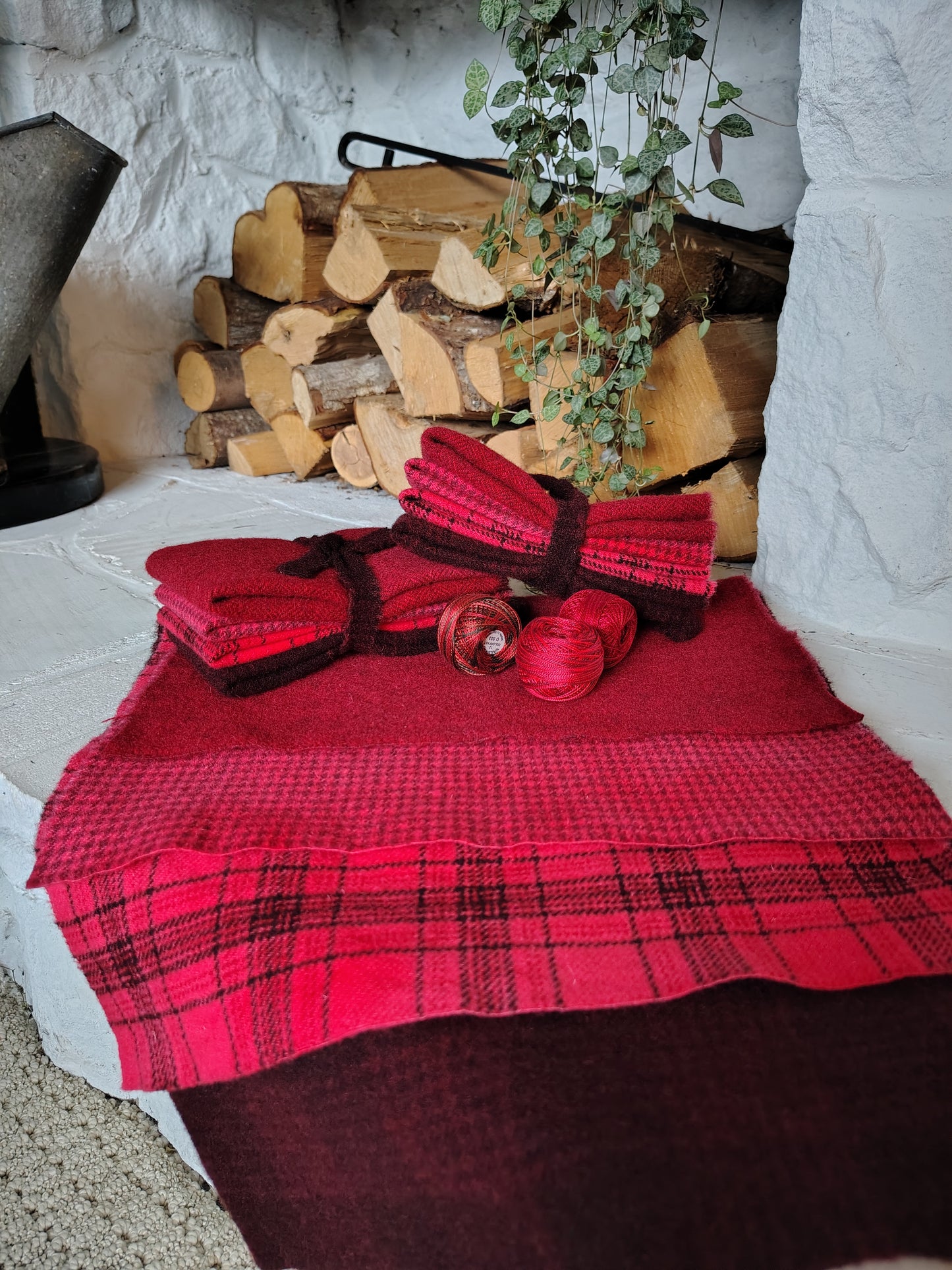 Bright Red Hand Dyed Wool Fat Eighth Bundle