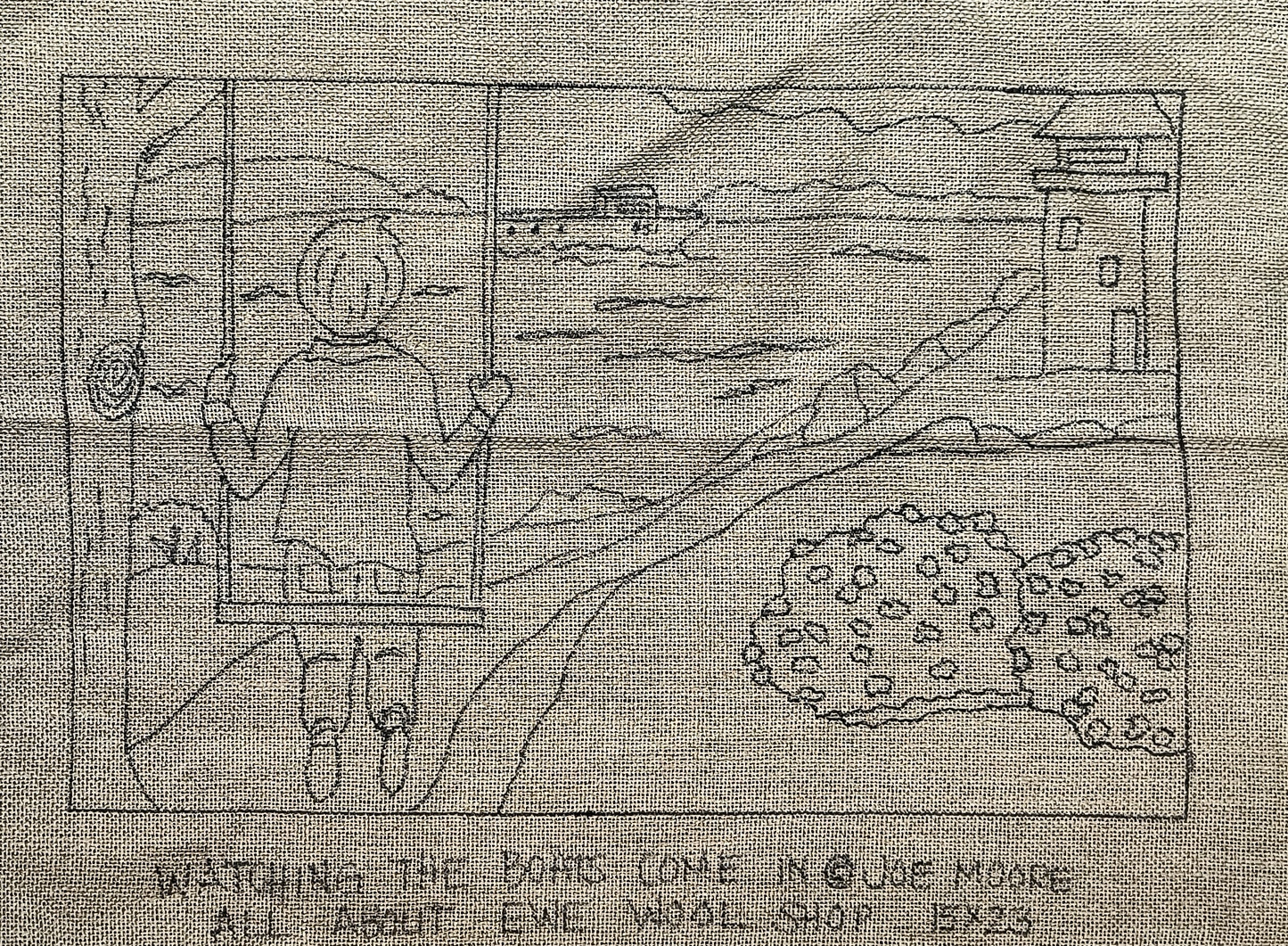 a drawing of a person standing in front of a window