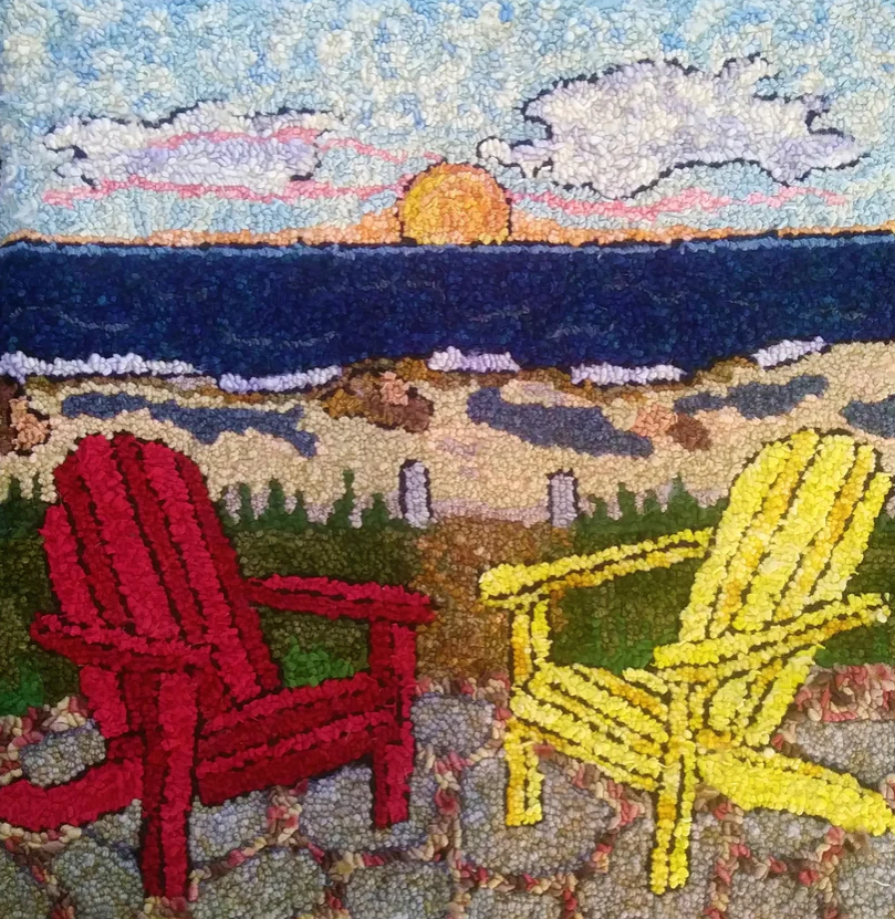 two yellow and red chairs sitting next to each other